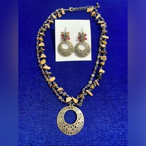 Vintage-Look Gold and Brown Necklace and Earring Set